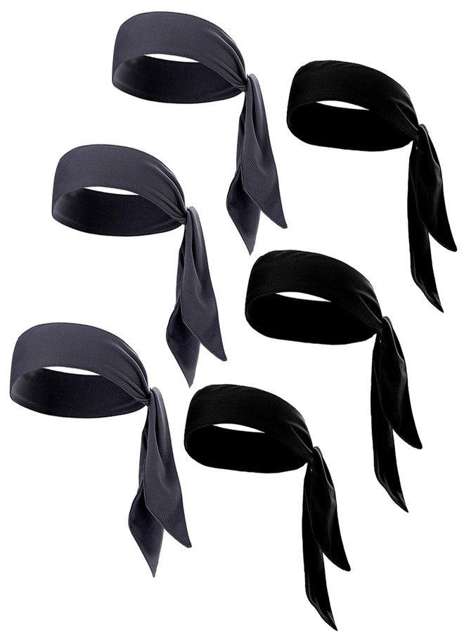 ONEYE 6PCS Tennis Tie Headbands Ninja Tie Back Bandanas Black and Grey Sport Head Ties Solid Hair Band Athletic Sweatbands for Karate Running Basketball Yoga Cycling - Image 1